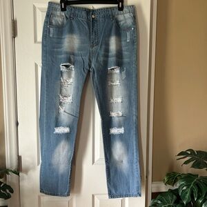 Men's Relaxed Fit Distressed Denim Blue Jeans ~ Size 36